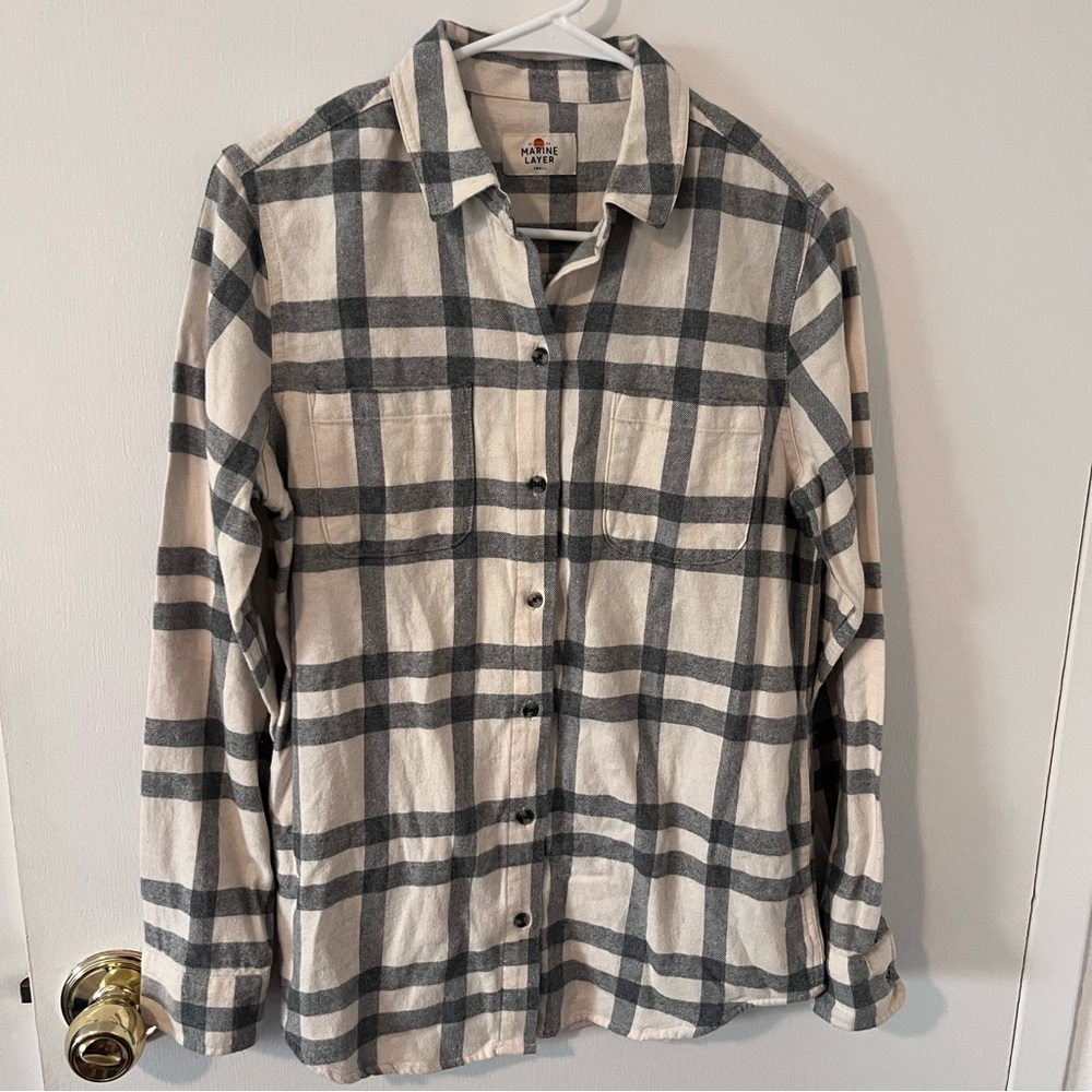 Marine Layer Women's Plaid Flannel Button Down Shirt Gray Ivory Pockets Small